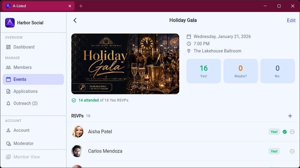 Event detail view with RSVP tally and attendance list