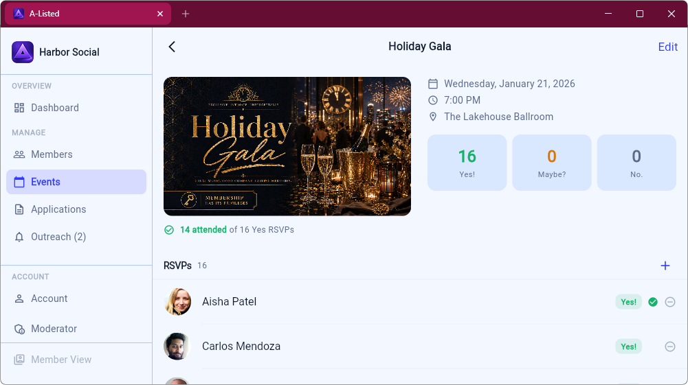 Event detail with RSVPs and attendance